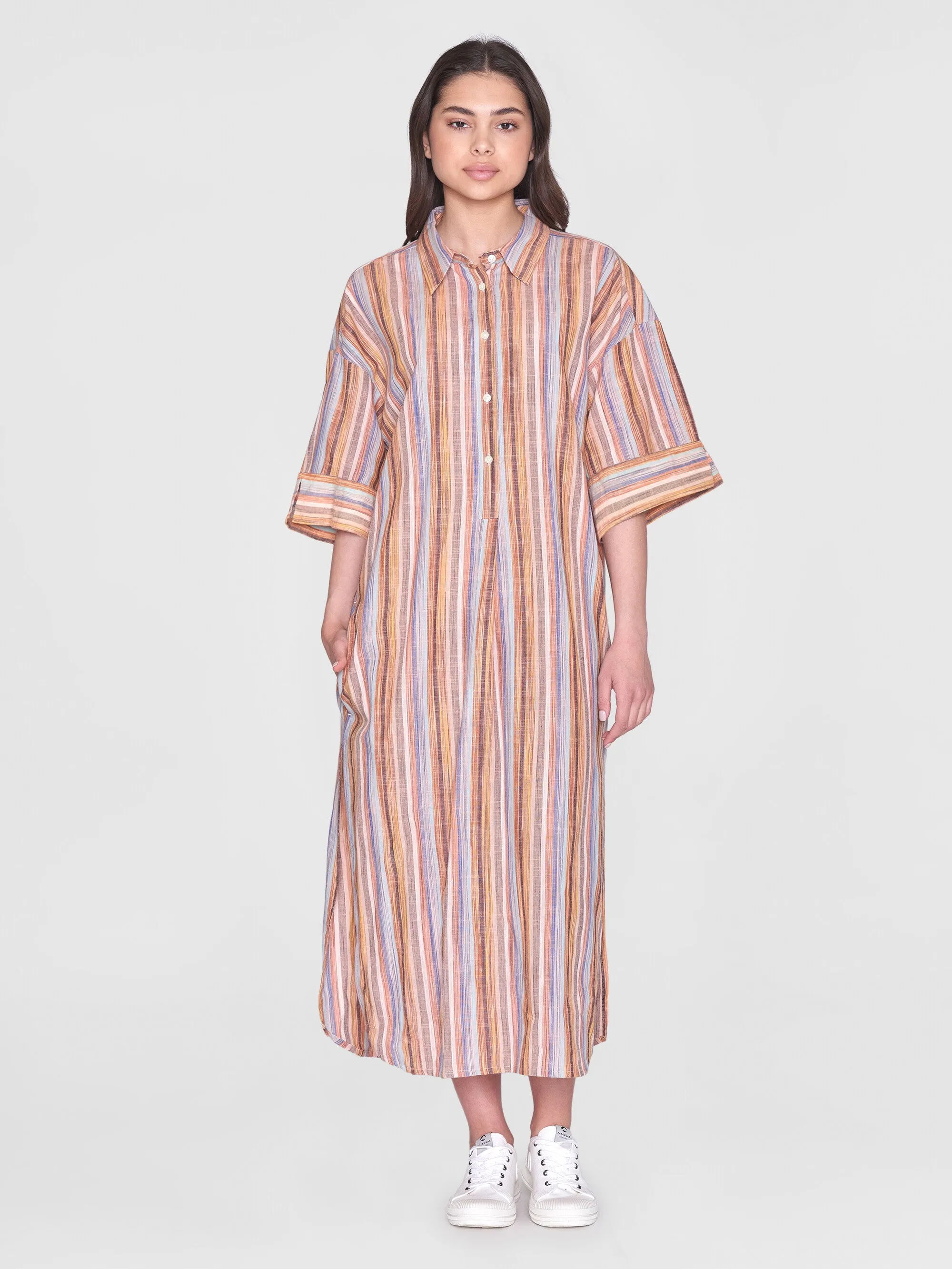 Loose multicolored stripe short sleeved shirt dress - GOTS/Vegan - Multi color stripe