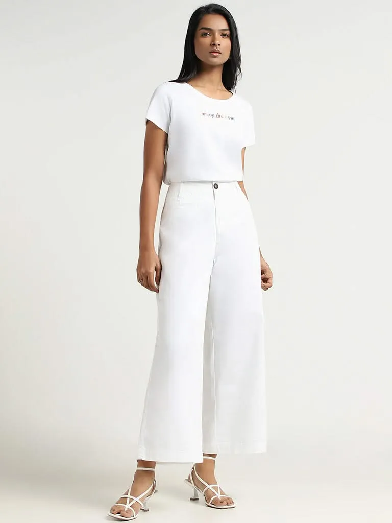 LOV White Contrast Printed Cotton T-Shirt