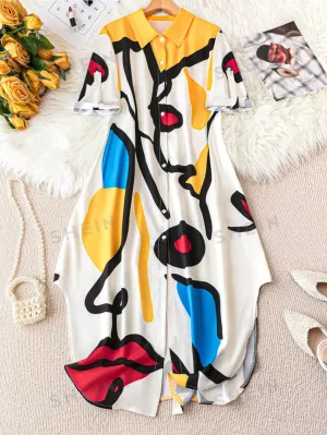 LUNE Plus Size Women's Summer Abstract Printed Short Sleeve Casual Graphic Shirt Dress