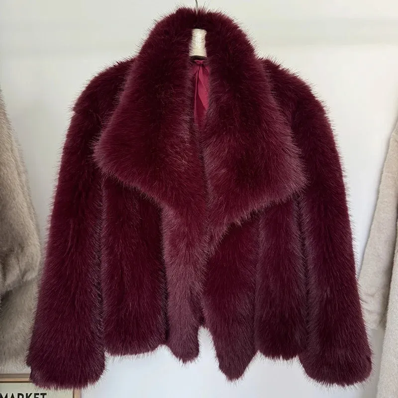 Luxury Gradient Faux Fox Fur Coat for Women – 2024 Winter Fashion with Big Fur Collar, Fluffy High Street Overcoat