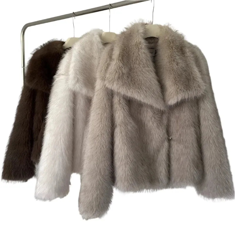 Luxury Gradient Faux Fox Fur Coat for Women – 2024 Winter Fashion with Big Fur Collar, Fluffy High Street Overcoat