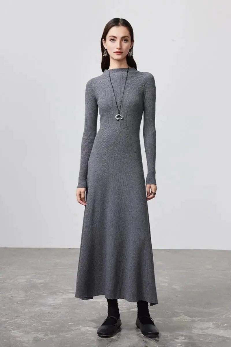 Machine Washable Merino Wool Fit & Flare Midi Sweater Dress with Belt