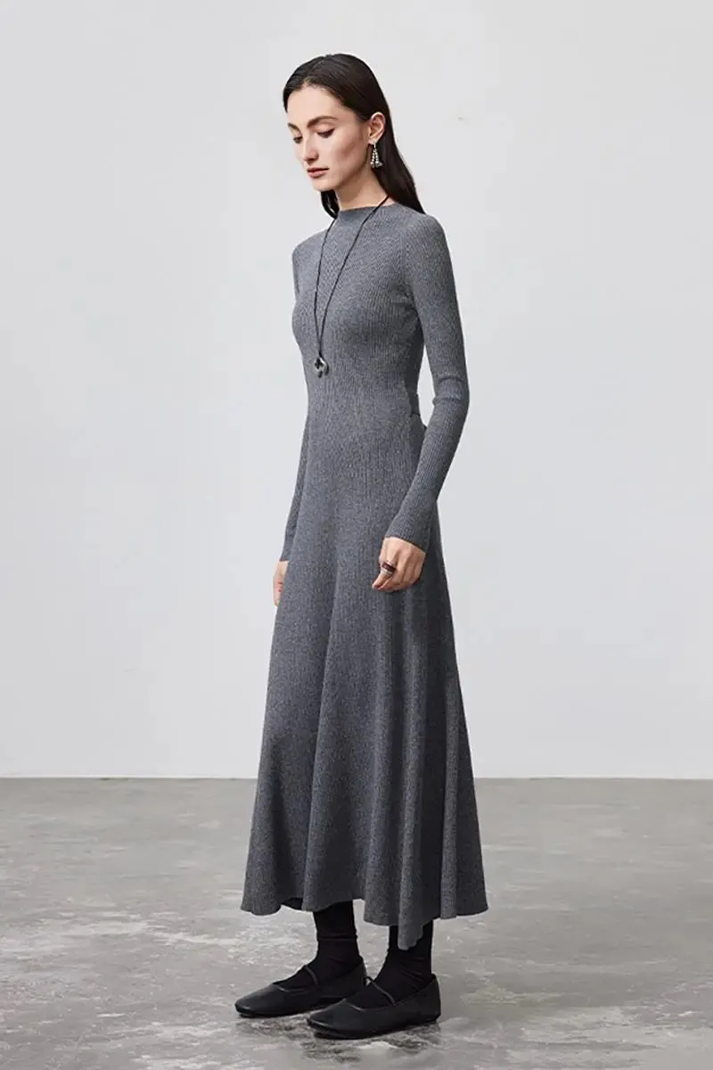 Machine Washable Merino Wool Fit & Flare Midi Sweater Dress with Belt