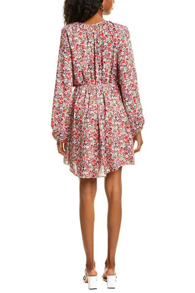 Maggy London Crew Neck Long Sleeve Gathered Elastic Cuff’s Tie Waist Floral Print Keyhole Back Button Closure Sift Crepe Dress