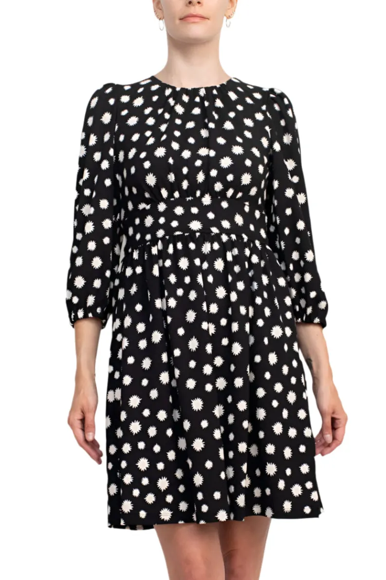 Maggy London Crew Neck pleated Banded Waist Elastic Cuffed 3/4 Sleeve Multi print Zipper Back Fit & Flare Crepe Dress