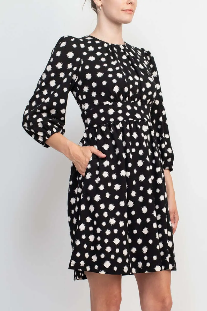 Maggy London Crew Neck pleated Banded Waist Elastic Cuffed 3/4 Sleeve Multi print Zipper Back Fit & Flare Crepe Dress