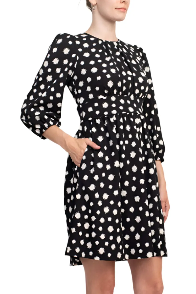 Maggy London Crew Neck pleated Banded Waist Elastic Cuffed 3/4 Sleeve Multi print Zipper Back Fit & Flare Crepe Dress