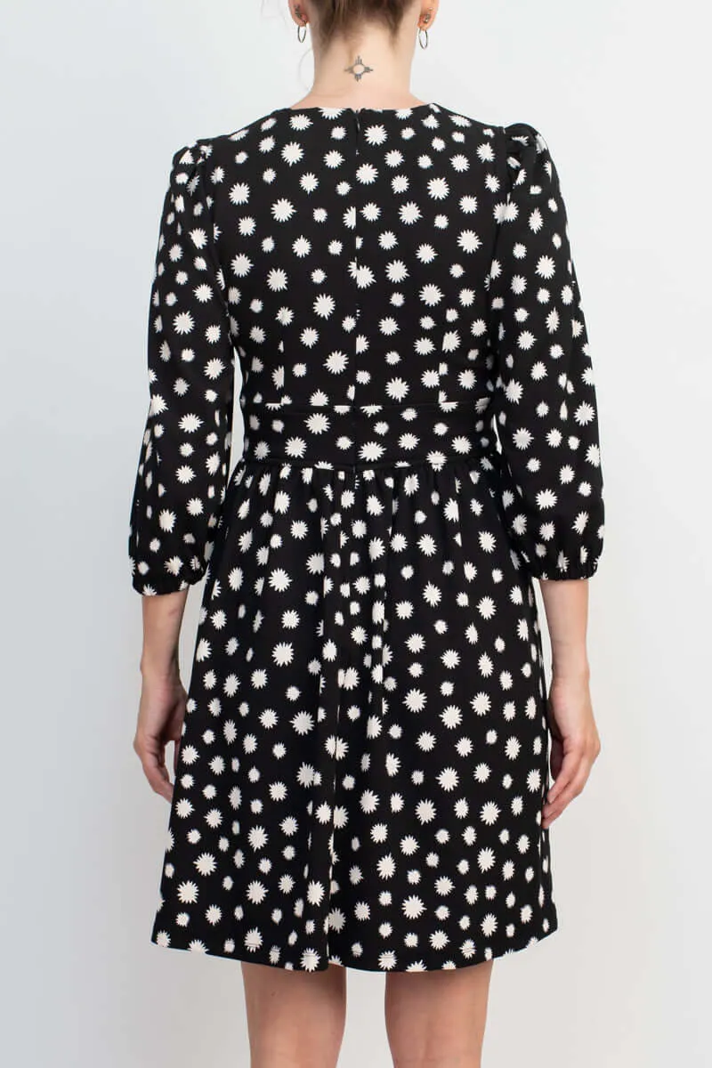 Maggy London Crew Neck pleated Banded Waist Elastic Cuffed 3/4 Sleeve Multi print Zipper Back Fit & Flare Crepe Dress