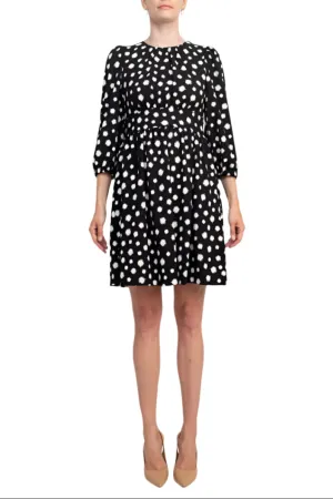 Maggy London Crew Neck pleated Banded Waist Elastic Cuffed 3/4 Sleeve Multi print Zipper Back Fit & Flare Crepe Dress