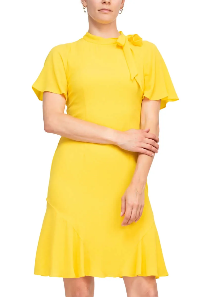 Maggy London Tie Neck Short Sleeve Ruffled Hem Solid Crepe Dress