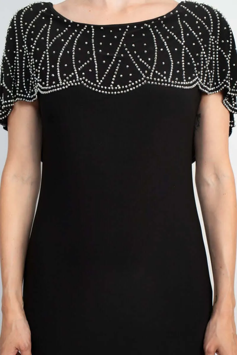 Marina Boat Neck V-Back Beaded Capelet Shirt Sleeve Solid Jersey Long Gown