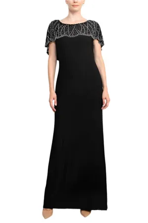 Marina Boat Neck V-Back Beaded Capelet Shirt Sleeve Solid Jersey Long Gown