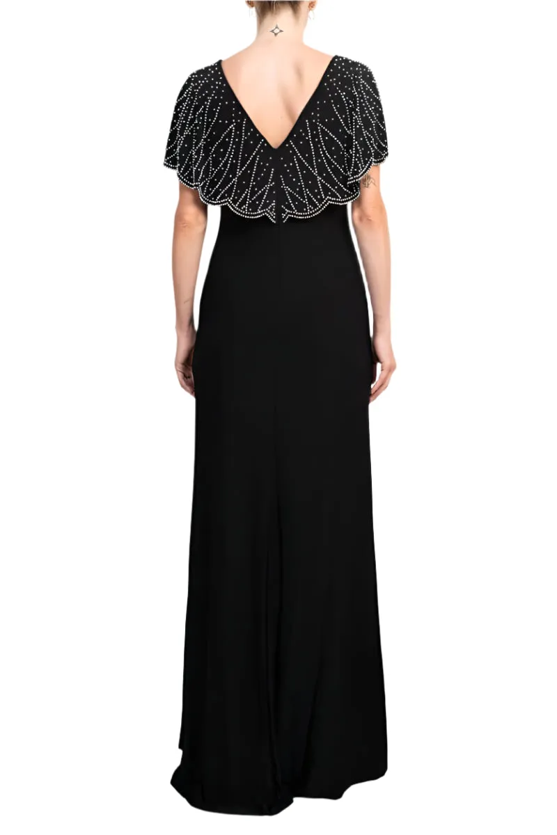 Marina Boat Neck V-Back Beaded Capelet Shirt Sleeve Solid Jersey Long Gown