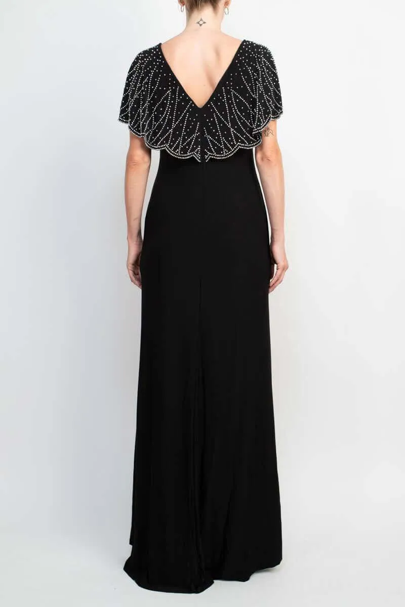 Marina Boat Neck V-Back Beaded Capelet Shirt Sleeve Solid Jersey Long Gown