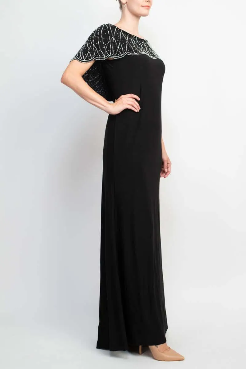 Marina Boat Neck V-Back Beaded Capelet Shirt Sleeve Solid Jersey Long Gown