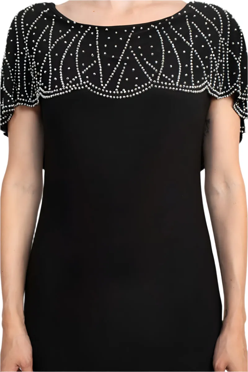 Marina Boat Neck V-Back Beaded Capelet Shirt Sleeve Solid Jersey Long Gown
