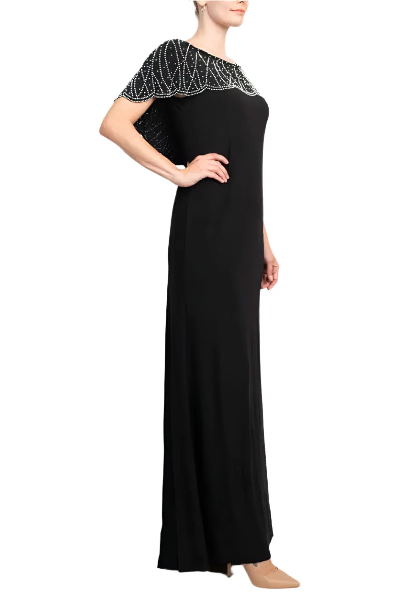 Marina Boat Neck V-Back Beaded Capelet Shirt Sleeve Solid Jersey Long Gown