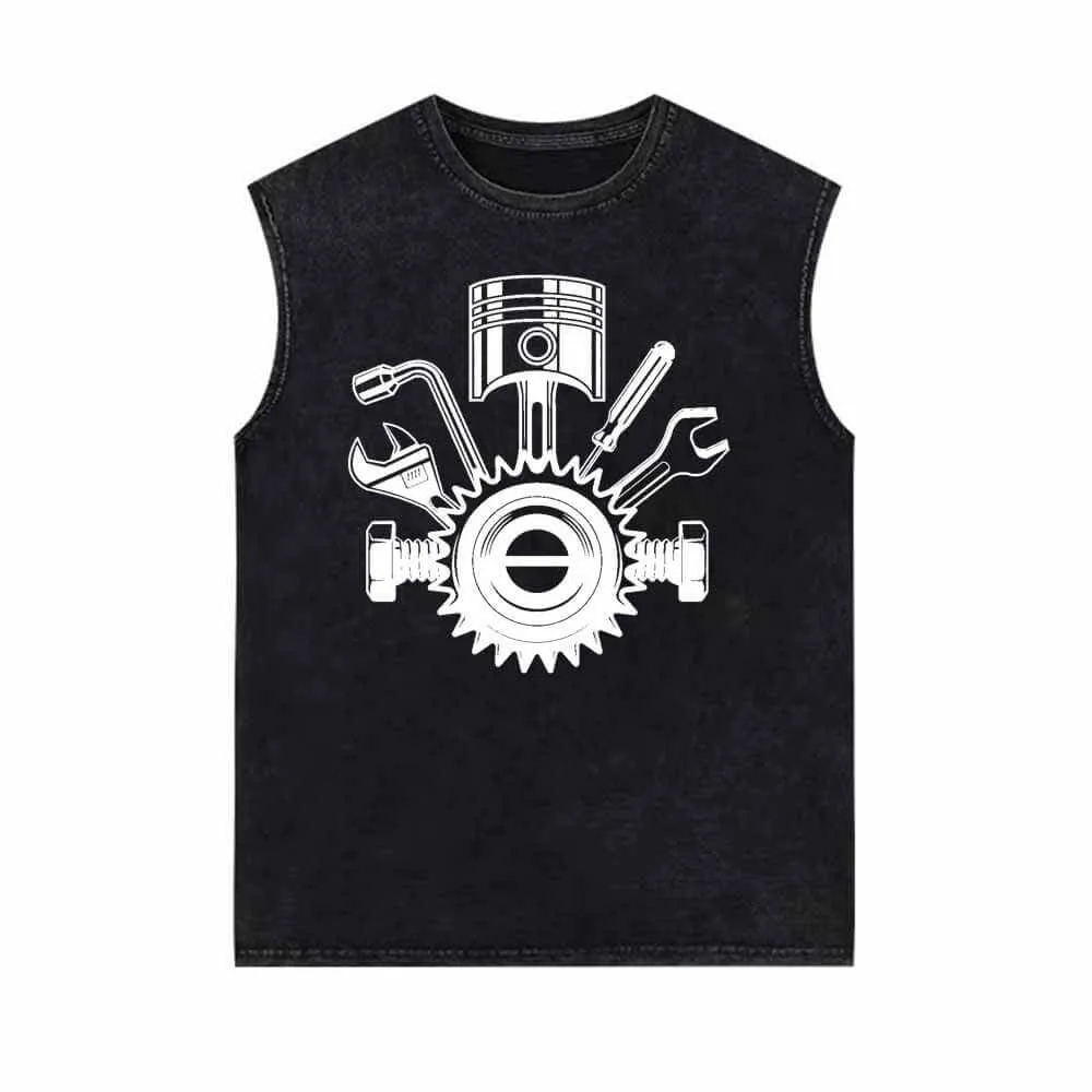 Mechanic Gear Wrenches Pattern Vintage Washed Vest Top