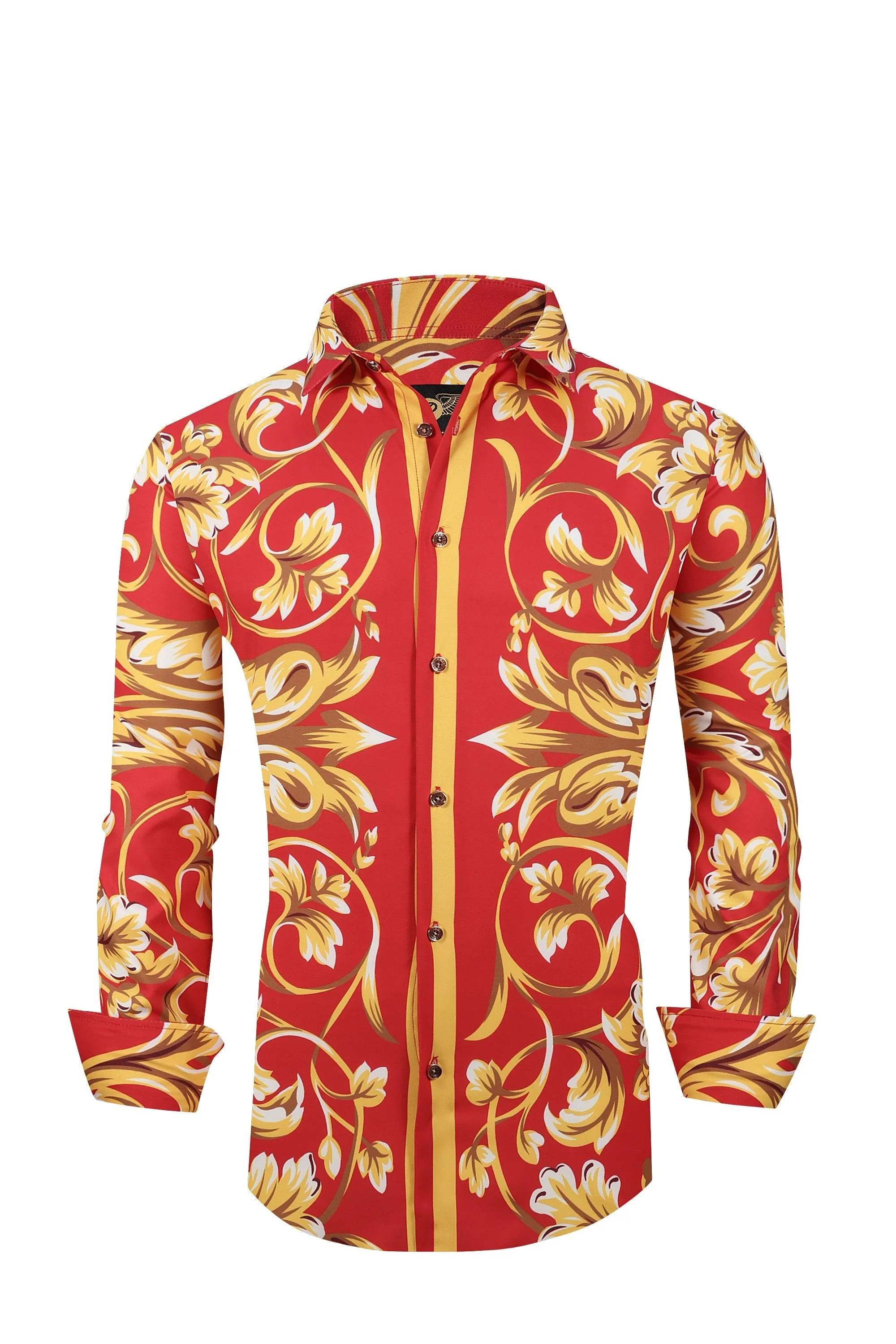 Men PREMIERE Long Sleeve Button Down Dress Shirt Red Gold Floral Design