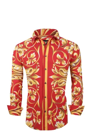 Men PREMIERE Long Sleeve Button Down Dress Shirt Red Gold Floral Design