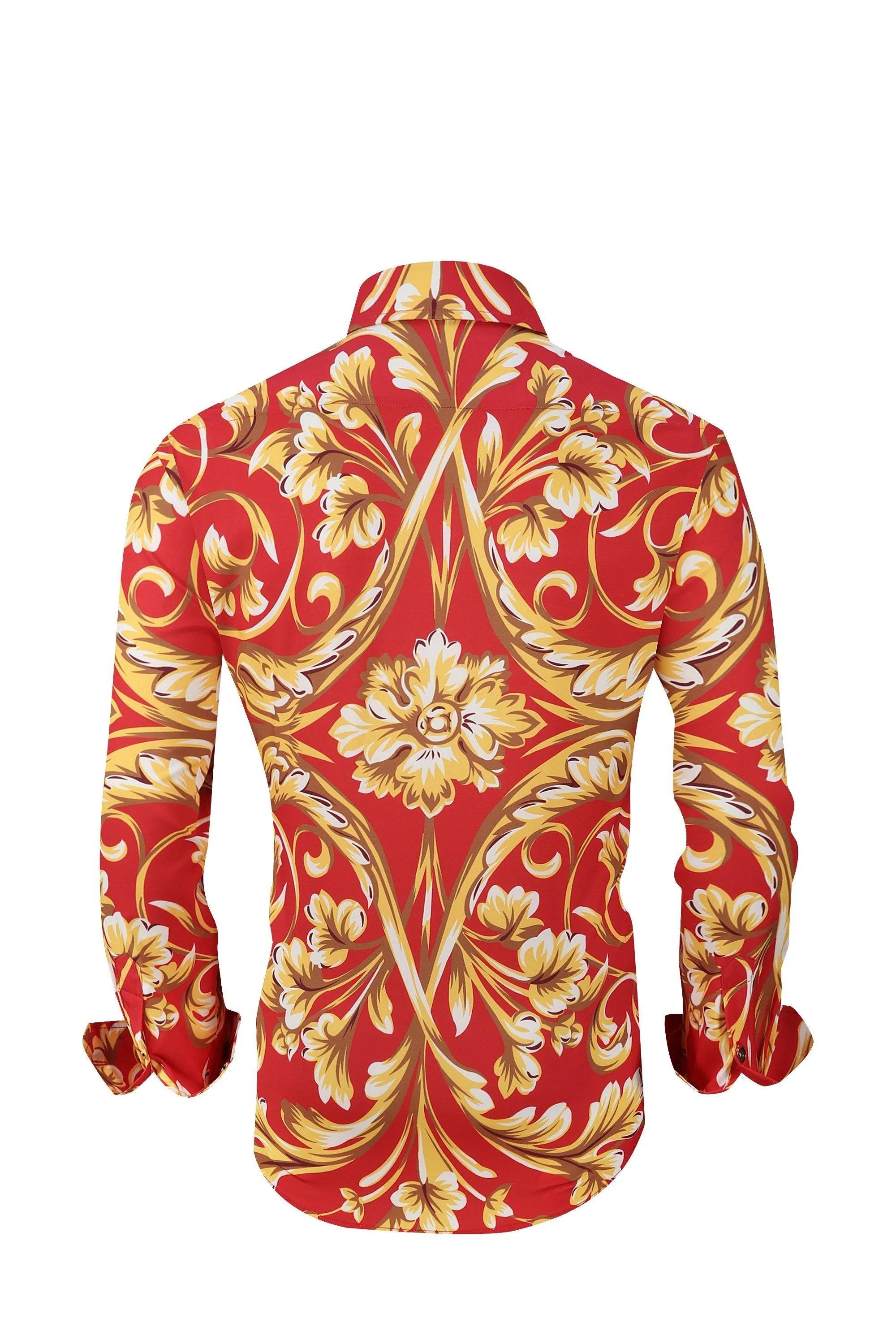 Men PREMIERE Long Sleeve Button Down Dress Shirt Red Gold Floral Design