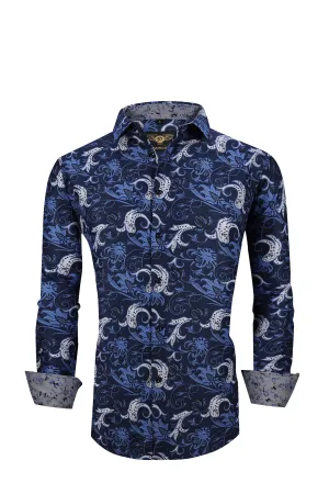 Men PREMIERE Long Sleeve Button Up Dress Shirt Blue White Paisley