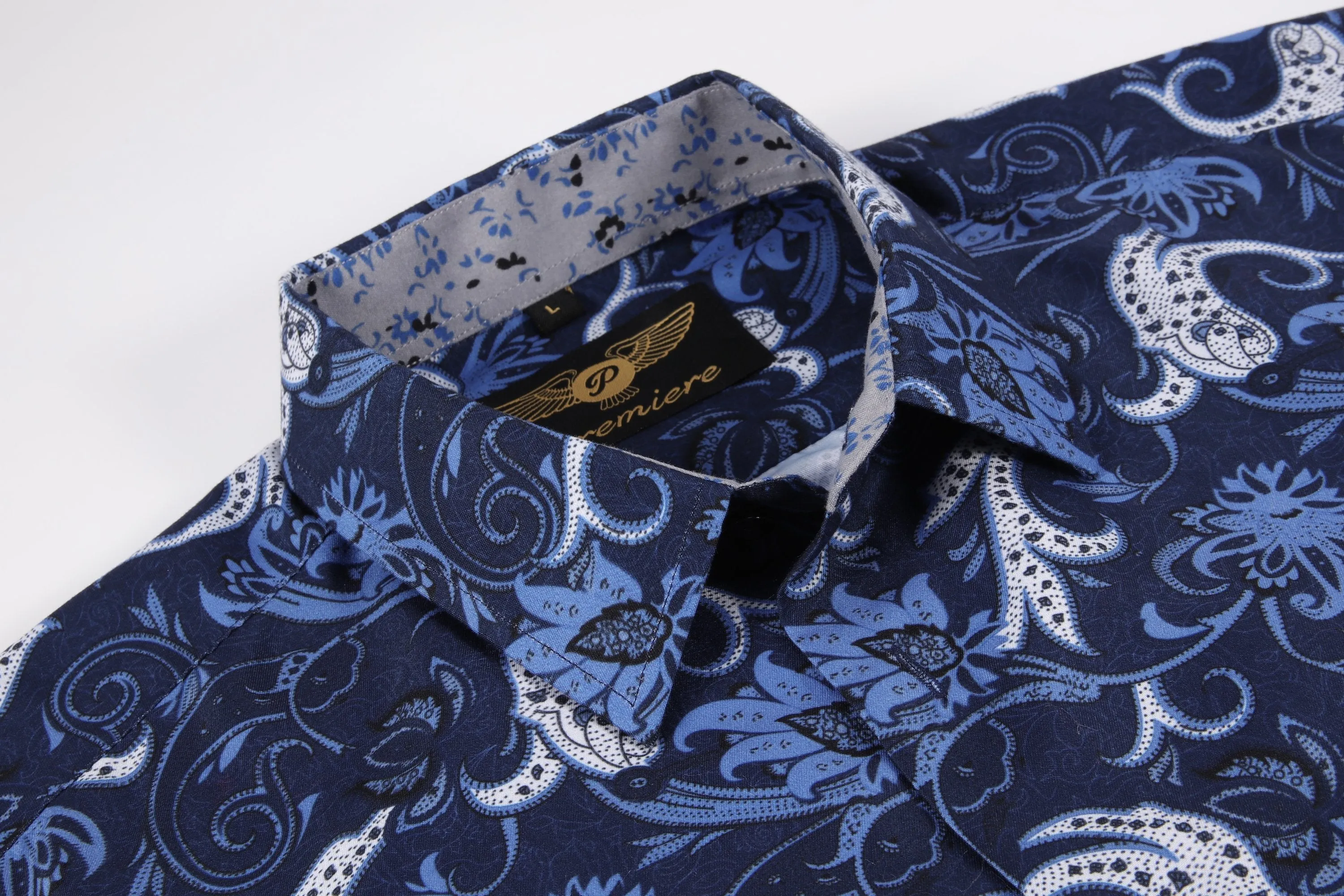 Men PREMIERE Long Sleeve Button Up Dress Shirt Blue White Paisley