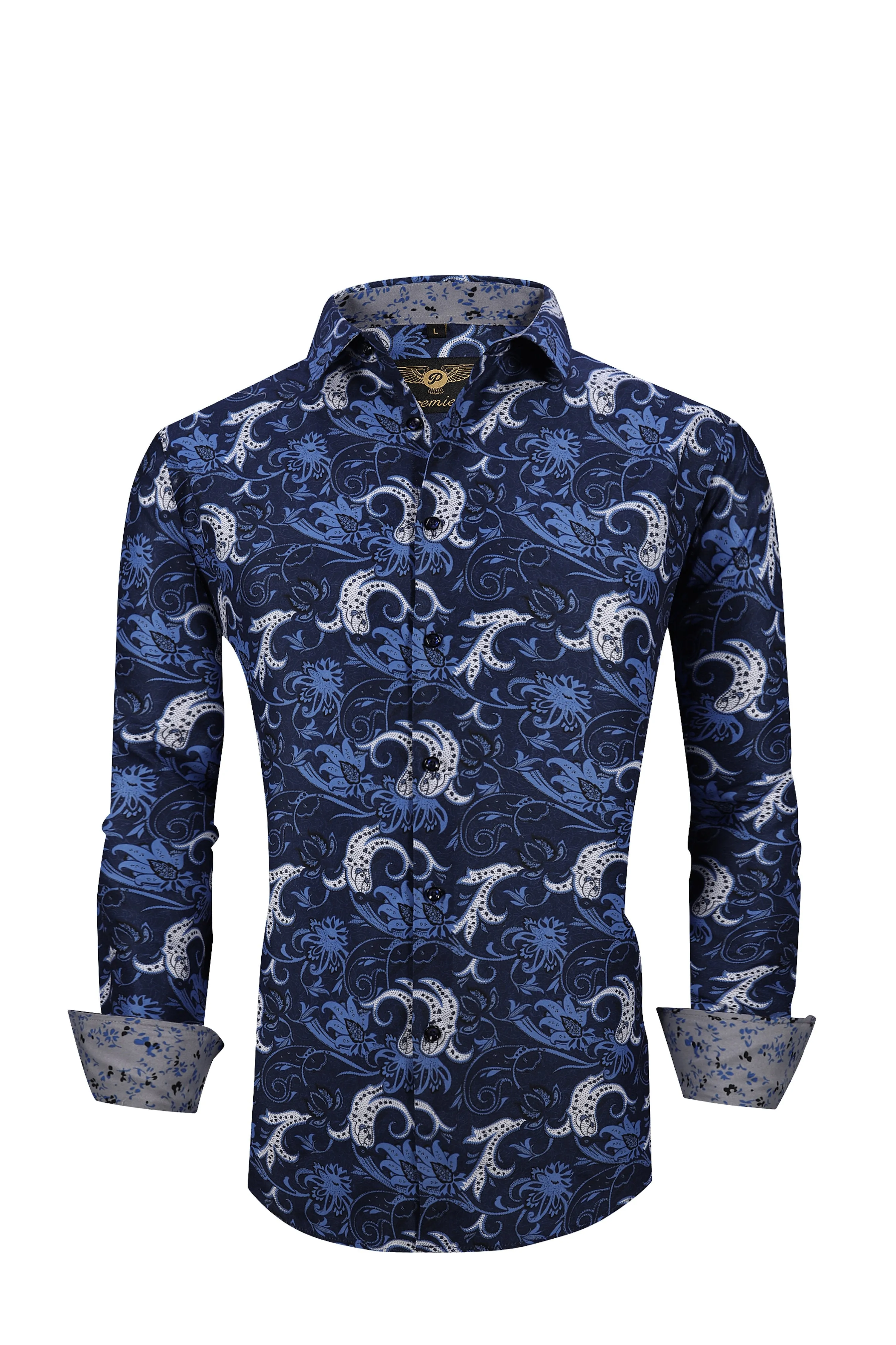 Men PREMIERE Long Sleeve Button Up Dress Shirt Blue White Paisley