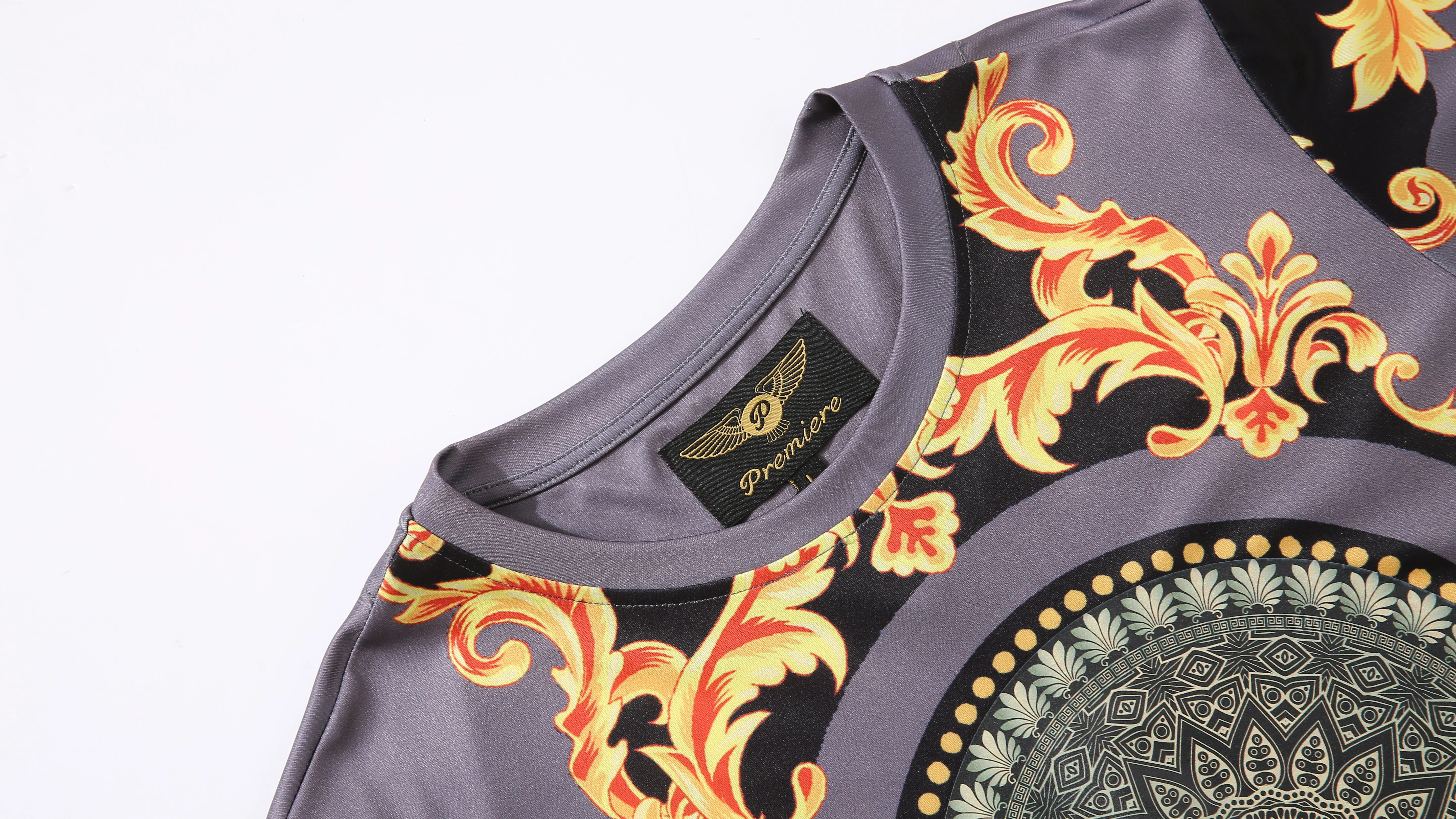 Men PREMIERE SLIM FIT Short Sleeve T SHIRT CHARCOAL GREY GOLD FLORAL PRINT Designer Shirt