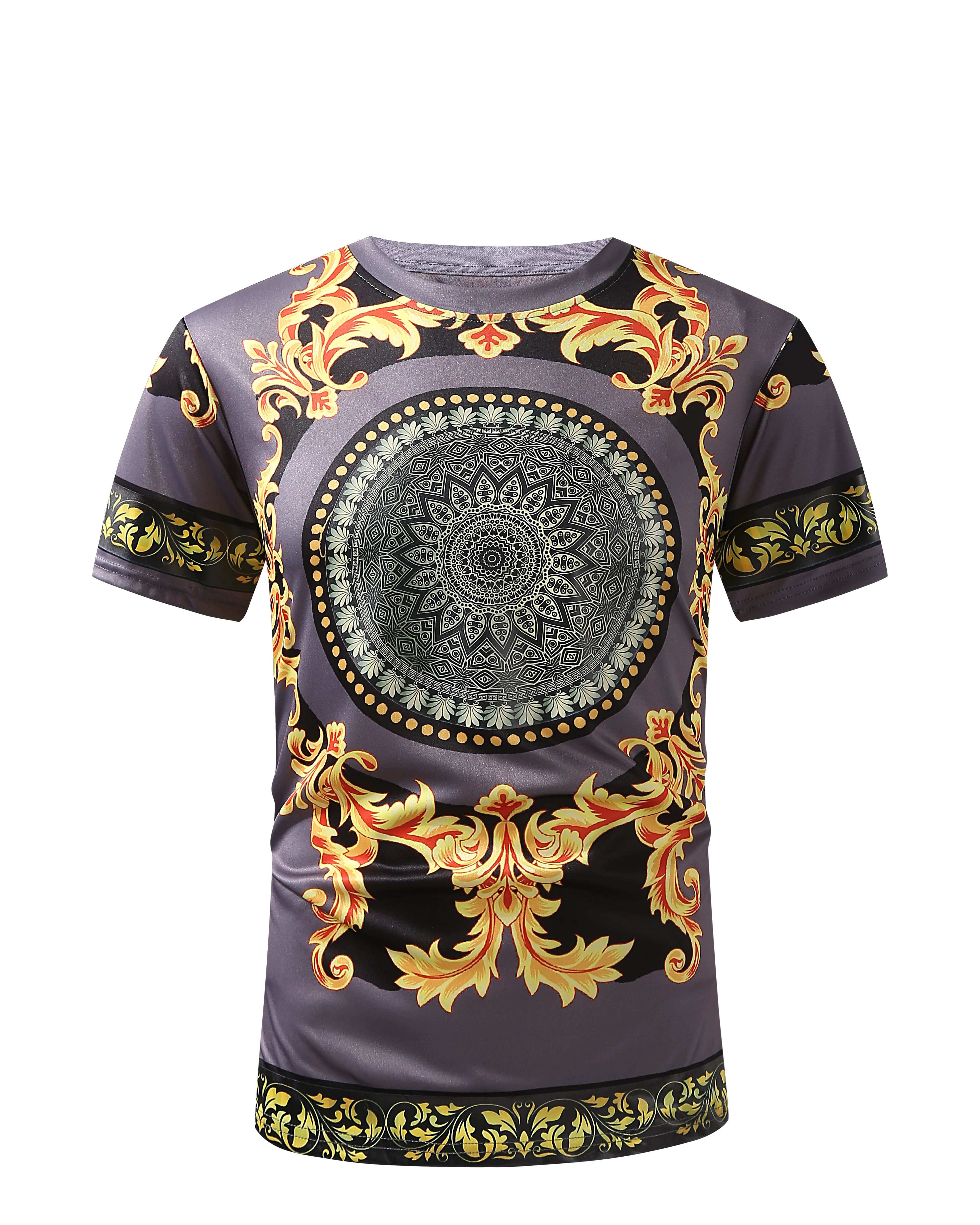 Men PREMIERE SLIM FIT Short Sleeve T SHIRT CHARCOAL GREY GOLD FLORAL PRINT Designer Shirt