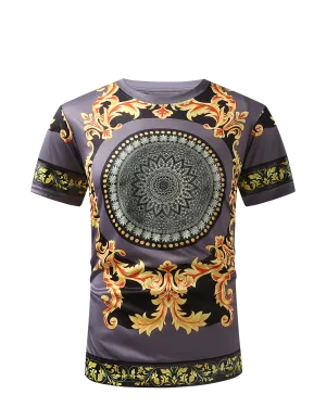 Men PREMIERE SLIM FIT Short Sleeve T SHIRT CHARCOAL GREY GOLD FLORAL PRINT Designer Shirt