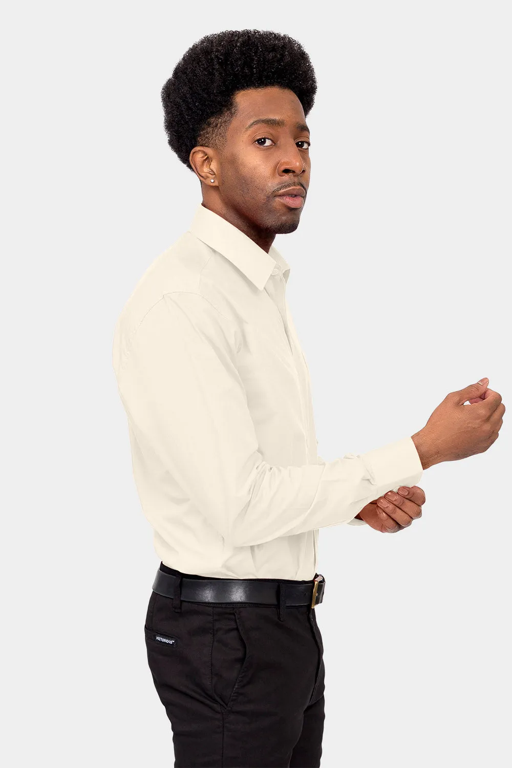 Men's Basic Solid Color Button Up Dress Shirt (Ivory)
