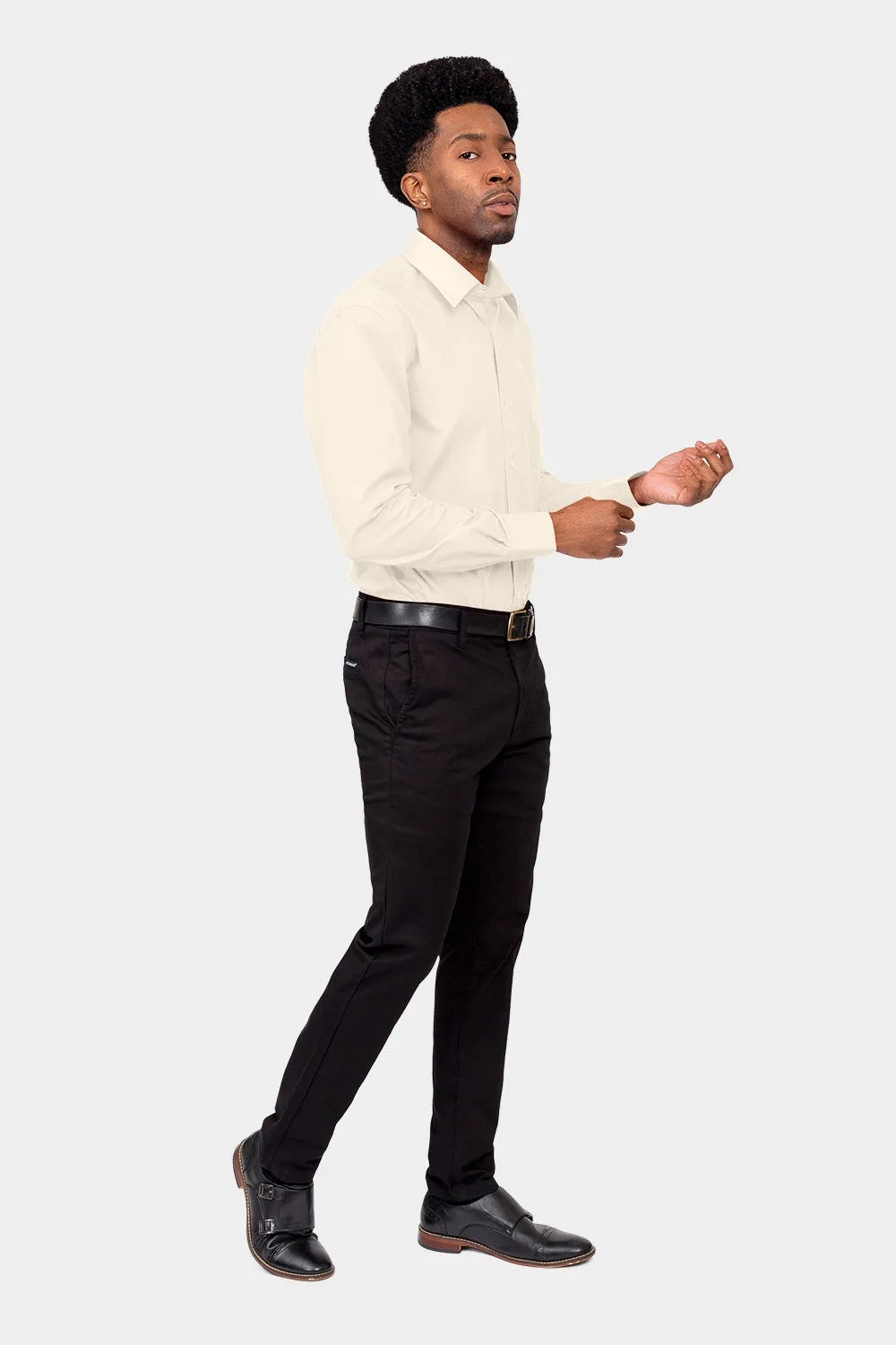 Men's Basic Solid Color Button Up Dress Shirt (Ivory)
