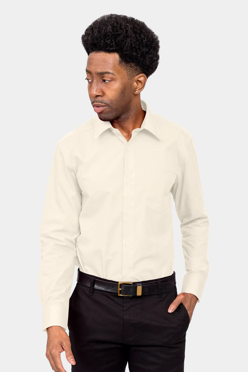 Men's Basic Solid Color Button Up Dress Shirt (Ivory)