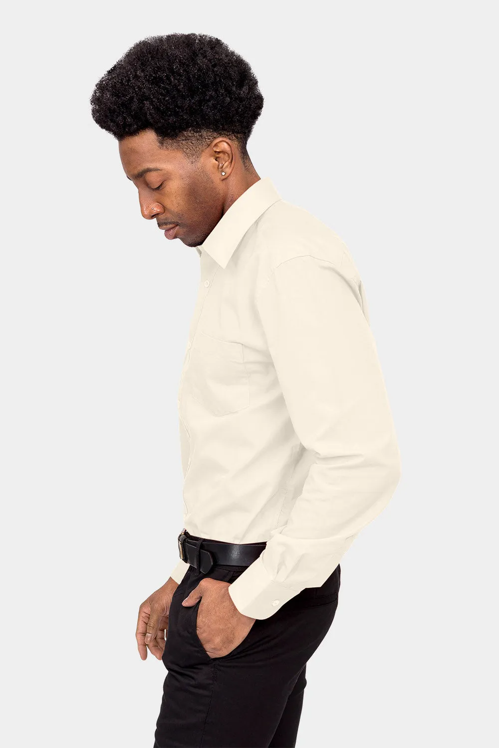 Men's Basic Solid Color Button Up Dress Shirt (Ivory)