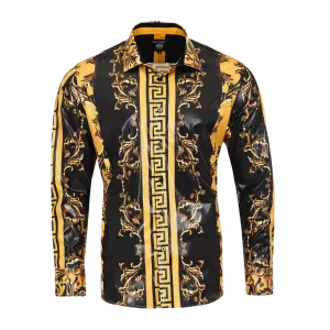 Men's Long Sleeve Button Down Dress Shirt Black Gold Geometric Leaf Baroque