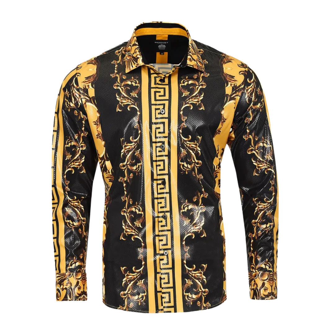 Men's Long Sleeve Button Down Dress Shirt Black Gold Geometric Leaf Baroque