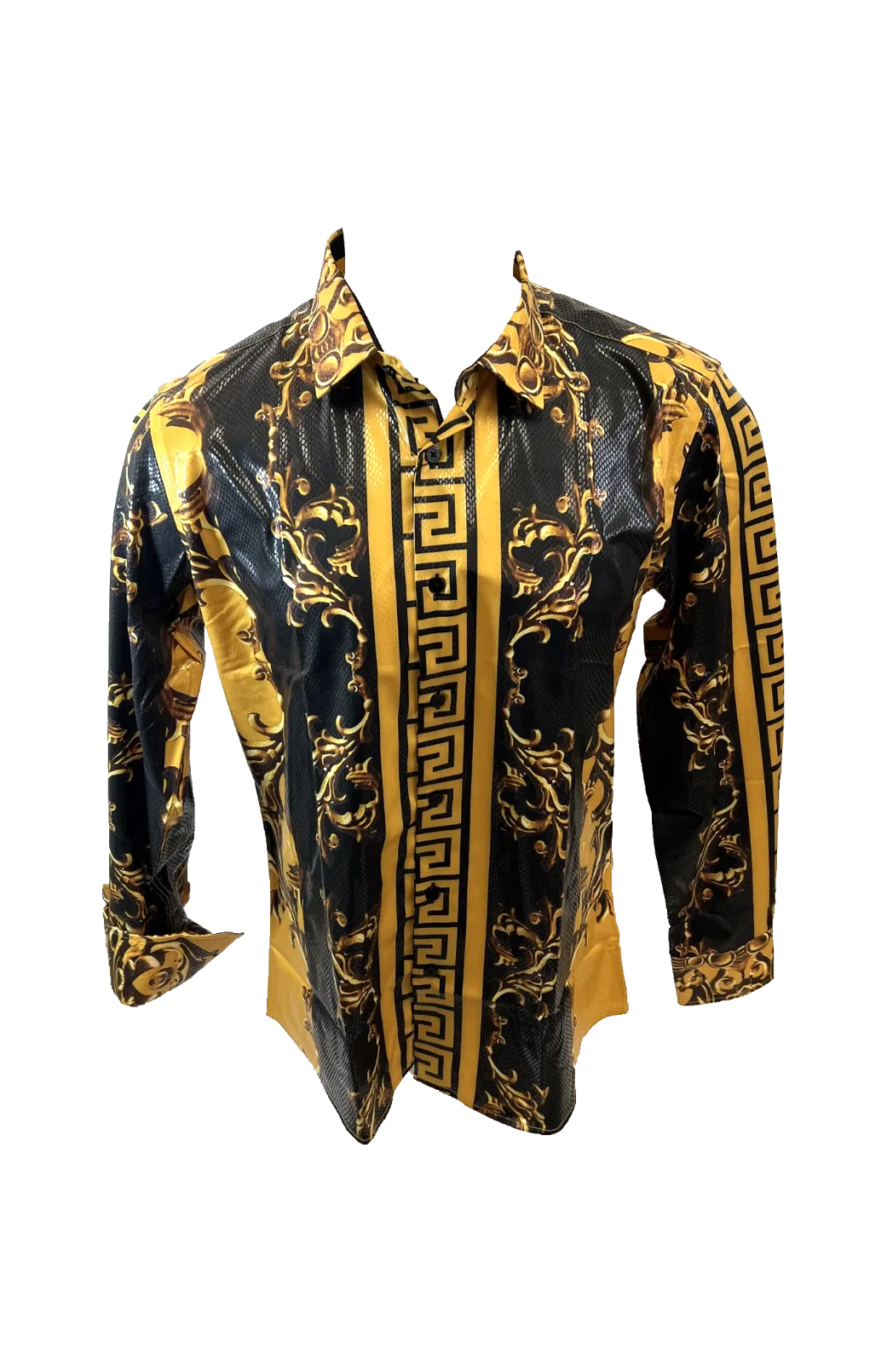Men's Long Sleeve Button Down Dress Shirt Black Gold Geometric Leaf Baroque