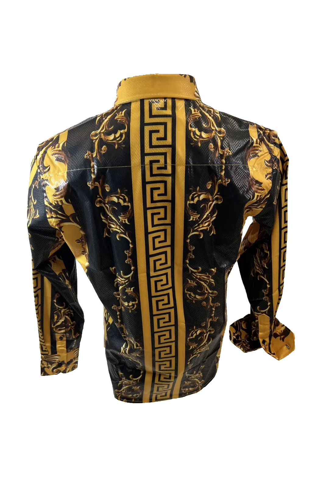 Men's Long Sleeve Button Down Dress Shirt Black Gold Geometric Leaf Baroque