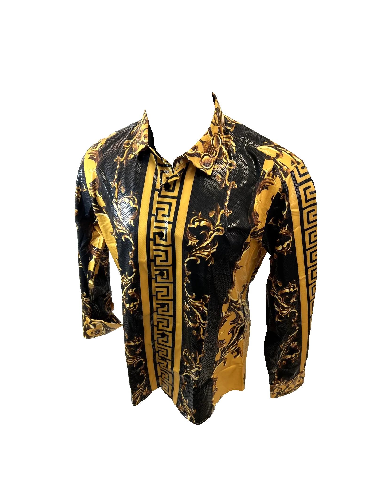 Men's Long Sleeve Button Down Dress Shirt Black Gold Geometric Leaf Baroque