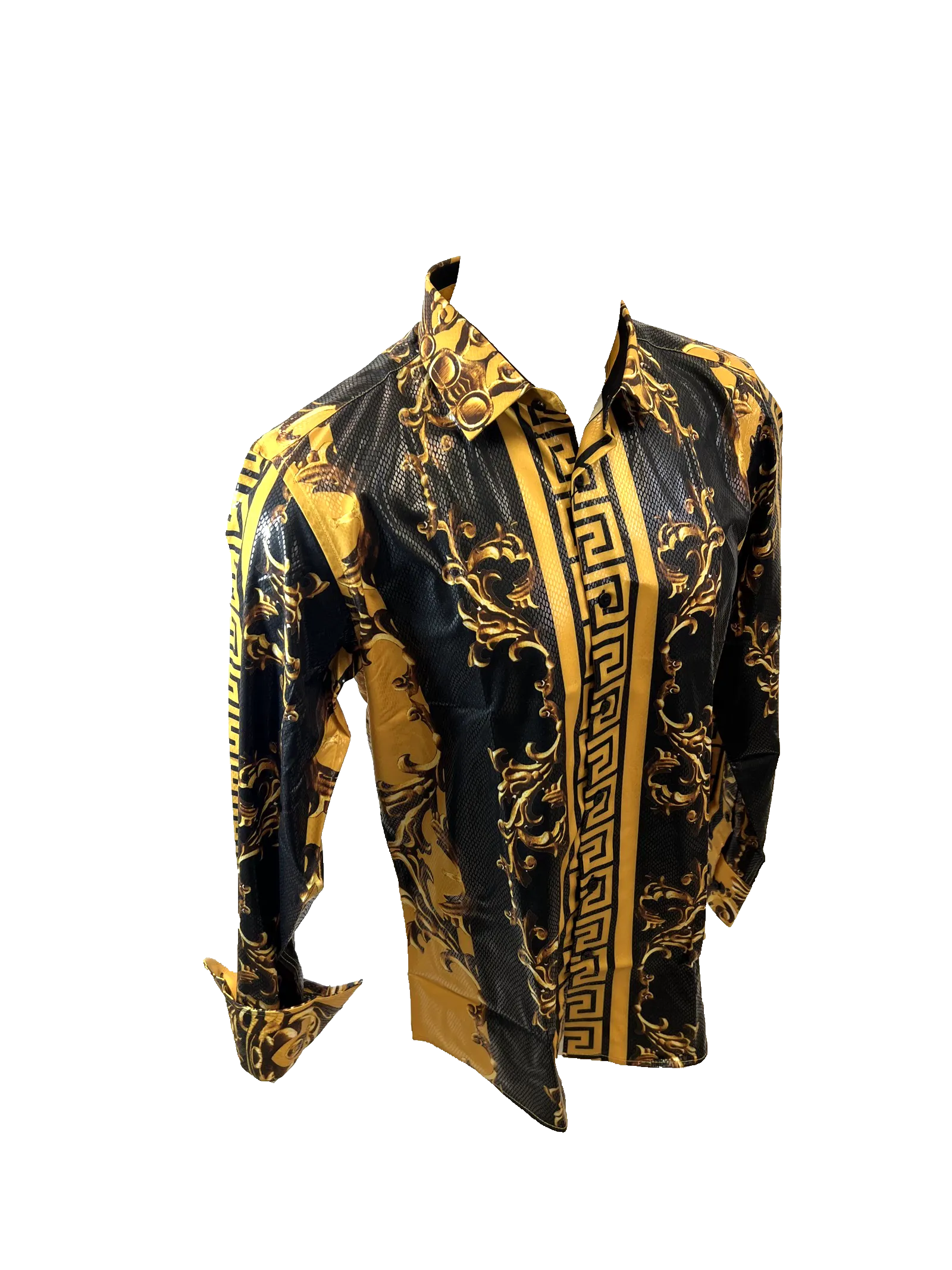 Men's Long Sleeve Button Down Dress Shirt Black Gold Geometric Leaf Baroque