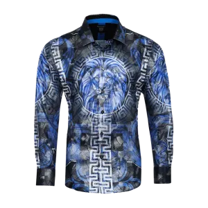 Men's Long Sleeve Button Down Dress Shirt Roar Lion Blue Black White Leaf Tiger