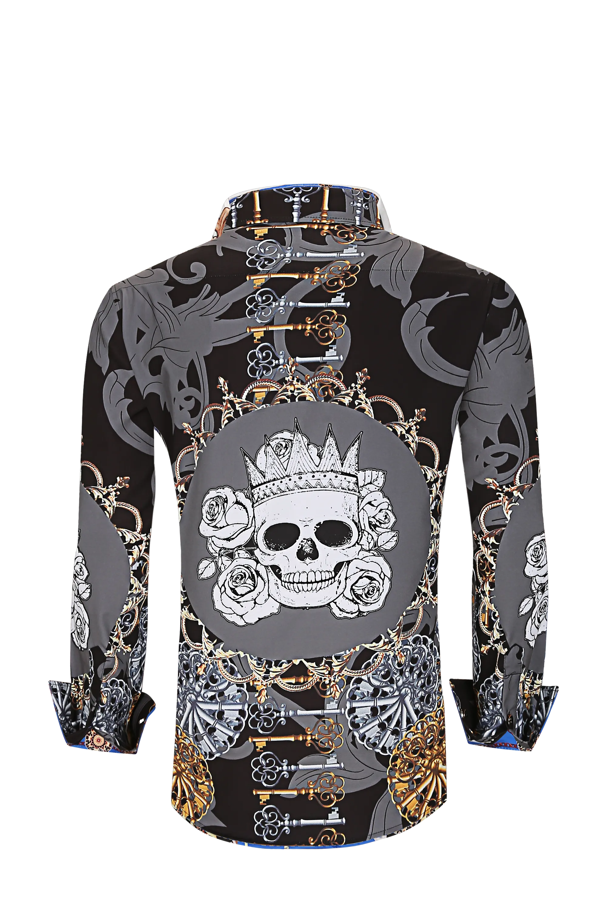 Mens PREMIERE Long Sleeve Button Down Dress Shirt Black Gray Skull Rose