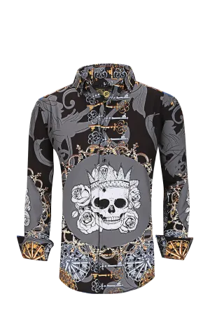 Mens PREMIERE Long Sleeve Button Down Dress Shirt Black Gray Skull Rose