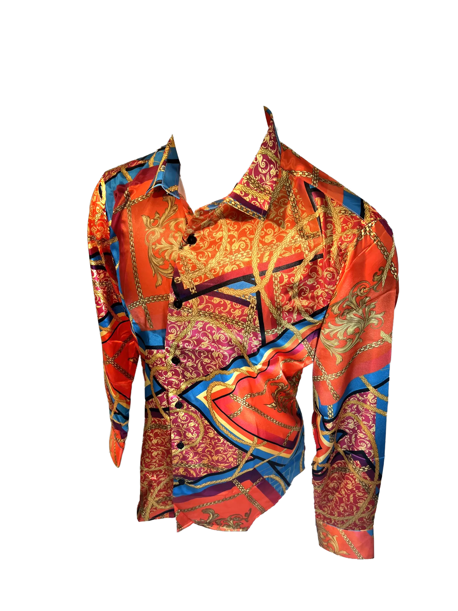 Men's Silky Long Sleeve Button Down Dress Shirt Orange Blue Colorful Leaf Rope Chain
