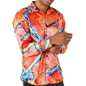 Men's Silky Long Sleeve Button Down Dress Shirt Orange Blue Colorful Leaf Rope Chain