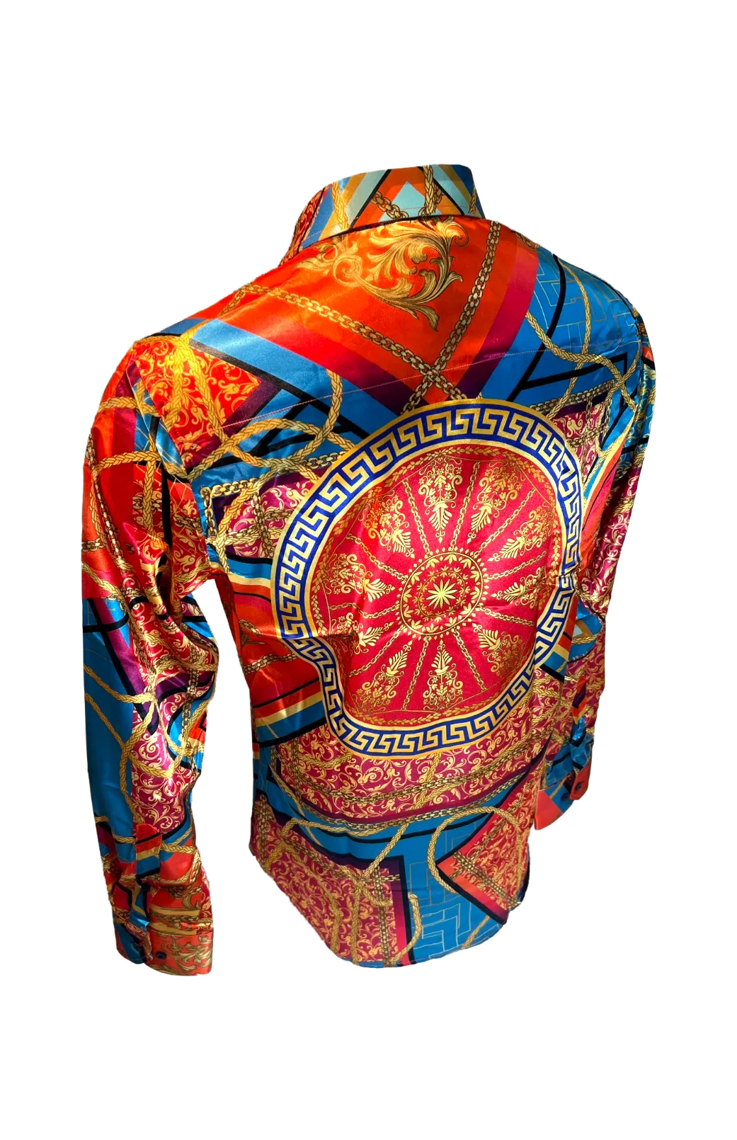 Men's Silky Long Sleeve Button Down Dress Shirt Orange Blue Colorful Leaf Rope Chain