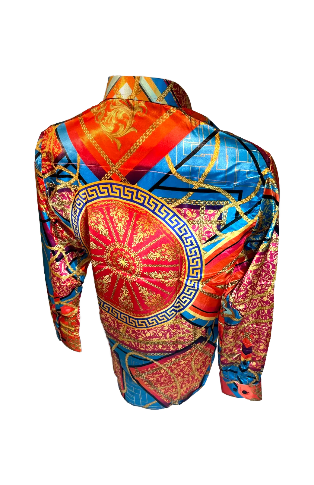 Men's Silky Long Sleeve Button Down Dress Shirt Orange Blue Colorful Leaf Rope Chain