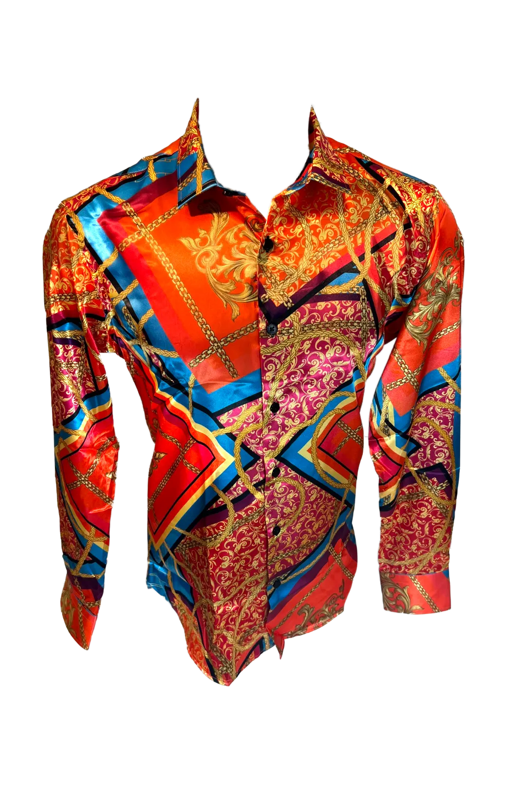 Men's Silky Long Sleeve Button Down Dress Shirt Orange Blue Colorful Leaf Rope Chain