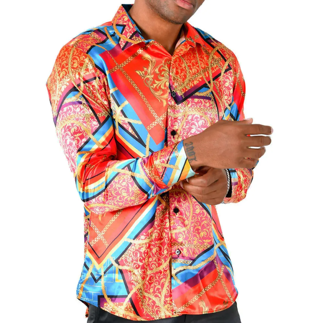 Men's Silky Long Sleeve Button Down Dress Shirt Orange Blue Colorful Leaf Rope Chain